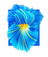 Vektor Vorlage von ein isoliert abstrakt 3d Blume auf ein Blau Rechteck. Blumen- bunt Illustration mit volumetrisch Iris zum Gruß Karte, Poster, Banner, Hintergrund.