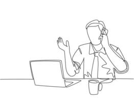 Eine durchgehende Strichzeichnung eines jungen männlichen Managers, der auf dem Laptop tippt und einen Anruf von einem Geschäftskollegen erhält. Büroarbeitsbelastungskonzept einzeilige Grafikdesign-Vektorillustration zeichnen vektor