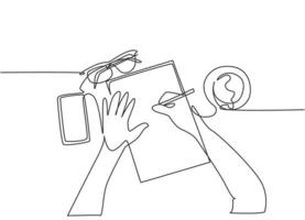 en kontinuerlig linje ritning av handskrivande gest på ett papper bredvid glasögon, smartphone och en kopp kaffe. skriva affärsutkast koncept. enkel linje rita design vektor illustration