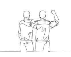 eine durchgehende Strichzeichnung von zwei männlichen Arbeitern im Büro, die sich umarmen und für den Erfolg ihrer Karriere unterstützen. Freund Support Konzept Single Line Draw Design Vector Illustration