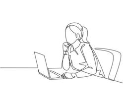 en enda radritning av ung kvinnlig anställd som sitter framför den bärbara datorn och tänker affärslösning på kontoret. affärsidé koncept kontinuerlig linje rita design vektor illustration