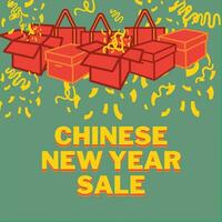 kinesisk ny år försäljning vektor illustration med röd låda gåva element, handla väska, konfetti och kinesisk ny år försäljning 3d text design.