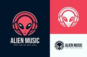 Illustration von ein Außerirdischer mit Kopfhörer Headset Design Aufzeichnung Musik- Studio mit dunkel, rot Hintergrund vektor