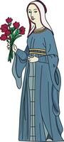 mittelalterlich Frau im Blau Kleid und Weiß Henne halten Strauß von rot Rosen vektor