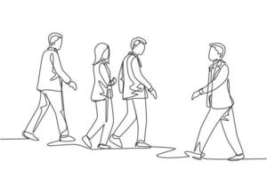 en enda radritning av unga affärsmän och affärskvinna som går tillsammans på stadsgatan för att gå till kontoret. urban pendlare arbetare koncept kontinuerlig linje rita design vektor illustration