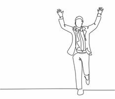 Eine durchgehende Einzellinienzeichnung eines jungen glücklichen Geschäftsmannes, der nach dem Überqueren der Ziellinie mit dem Finger in die Luft zeigt. Business Race Konzept Single Line Draw Design Vector Illustration