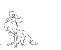einzelne durchgehende Strichzeichnung eines jungen Geschäftsmannes, der auf einem Arbeitsstuhl sitzt, während er einen Anruf von seinem Partner aus der Rückansicht erhält. Business-Talk-Konzept. eine linie zeichnen design vektorillustrationsgrafik vektor