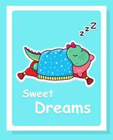 en söt tecknad serie dinosaurie sover på en rosa fjäder säng. barns vektor kort