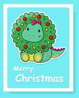 söt tecknad serie dinosaurie och jul krans. platt illustration. vektor vykort