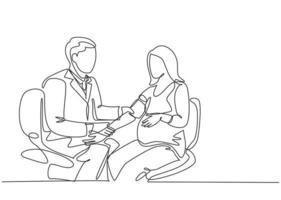 en enda linjeteckning av manlig obstetrik och gynekologläkare som kontrollerar patientens blodtryck och fostertillstånd. graviditet vård koncept kontinuerlig linje rita design vektor illustration