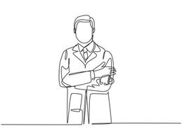 Eine einzige Strichzeichnung eines jungen glücklichen männlichen Arztes, der steht, während er ein Stethoskop hält und die Hände auf der Brust kreuzt. medizinisches Gesundheitswesen Konzept kontinuierliche Linie zeichnen Design-Vektor-Illustration