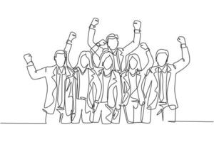 Eine einzige Strichzeichnung von jungen glücklichen männlichen und weiblichen Managern, die sich öffnen und ihre Hände zusammen heben. trendige Business-Teamwork-Feier-Konzept kontinuierliche Linie Grafik zeichnen Design-Vektor-Illustration vektor