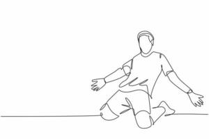 en kontinuerlig linjeteckning av ung sportig fotbollsspelare som sprider armarna och glider över fältet. match mål scoring firande koncept enkel linje rita design vektor illustration
