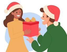 de begrepp av jul gåvor. en ung Lycklig par ger varje Övrig gåvor. vektor illustration. svart kvinna ger närvarande till man.
