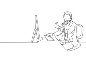 Eine durchgehende Strichzeichnung eines jungen glücklichen männlichen Callcenter-Mitarbeiters, der die Geste Daumen hochgibt, während er Kundenbeschwerden bearbeitet. Kundenservice Pflegekonzept Single Line Draw Design Vector Illustration