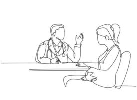 en enda linje ritning av manlig obstetrik och gynekologi läkare prata med patienten att ge förslag och råd. graviditet vård behandling koncept kontinuerlig linje rita design vektor illustration