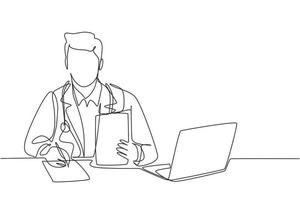 en enda radritning av ung glad manlig läkare som skriver recept till den sjuka patienten vid sjukhusdisken. medicinsk sjukvård koncept kontinuerlig linje rita design vektor illustration