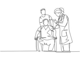 eine durchgehende einzeilige Zeichnung einer jungen Ärztin, die dem Patienten im Rollstuhl eine Beratungssitzung gibt. medizinisches Gesundheitswesen Behandlungskonzept Single Line Draw Design Vector Illustration