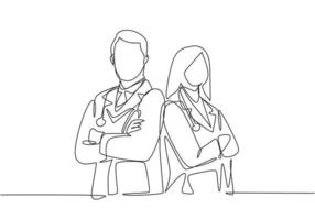 Eine durchgehende einzeilige Zeichnung von jungen männlichen und weiblichen Ärzten, die zusammenstehen, während sie die Hand auf der Brust kreuzen. Medizinisches Teamwork-Konzept Single Line Draw Design Vector Illustration