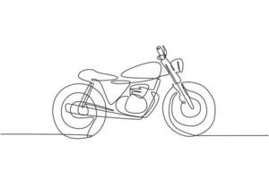 enda kontinuerlig linjeteckning av gammal klassisk vintage motorcykelsymbol. retro motorcykeltransport koncept en linje rita grafisk design vektor illustration