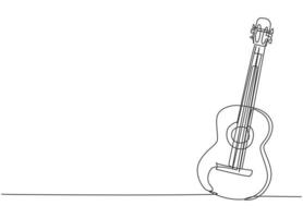 en enda radritning av akustisk gitarr i trä. trendiga strängade musikinstrument koncept kontinuerlig linje grafisk rita design vektor illustration