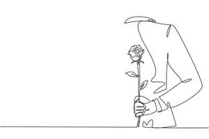 Eine einzige Strichzeichnung eines jungen glücklichen Mannes, der schöne Rosenblüten als Geschenk auf seinem Rücken versteckt. Grußkarte, Einladung, Logo, Banner, Plakatkonzept kontinuierliche Linie zeichnen Design-Vektor-Illustration vektor