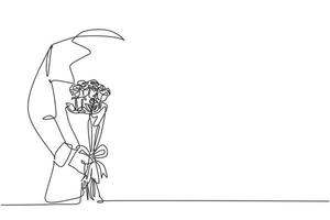 Eine einzige Strichzeichnung eines jungen glücklichen Mannes, der einen Strauß schöner Rosenblüten als Geschenk auf seinem Rücken versteckt. Grußkarte, Einladung, Plakatkonzept kontinuierliche Linie zeichnen Design-Vektor-Illustration vektor