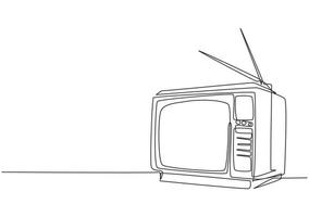en kontinuerlig ritning av retro gammaldags tv med träfodral och intern antenn. klassisk vintage analog tv -koncept enkel linje rita design vektor grafisk illustration