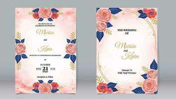 bröllop inbjudan av rosa ro och blå löv på en vattenfärg bakgrund vektor
