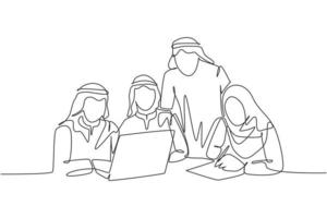 en kontinuerlig ritning av unga muslimska startmedlemmar som seriöst diskuterar marknadsföringsstrategi. islamiska kläder shemag, kandura, halsduk hijab, slöja. enkel linje rita design vektor illustration