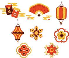 platt kinesisk ny år ornament samling, platt kinesisk ny år design element samling, siden kinesisk lykta ikon, platt stil vektor