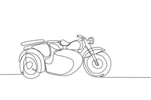 en kontinuerlig linje ritning av retro gammal vintage motorcykel med sidovagn. klassisk motorcykel transport koncept enkel linje rita grafisk design vektor illustration