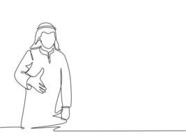 enda kontinuerlig linjeteckning av ung glad muslimsk affärsman ger handskakningsgest. arabiska Mellanöstern affärsmän med shmagh, kandura, tina, mantelduk. en linje rita design vektor illustration