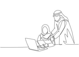 Eine einzige Strichzeichnung eines jungen glücklichen muslimischen Paarmanagers lehrt, Daten aus der Datenbank zu analysieren. saudi-arabien stoff kandora, kopftuch, thobe, hijab. durchgehende Linie zeichnen Design-Vektor-Illustration vektor