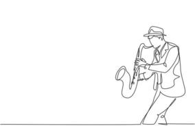 Eine durchgehende Strichzeichnung eines jungen glücklichen männlichen Saxophonisten mit Hut, der auf einem Musikkonzert Saxophon spielt. Musiker Künstler Performance Konzept Single Line Draw Design Vector Illustration