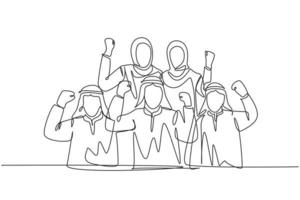 enda kontinuerlig linje ritning av unga muslimska säljteam firar deras gedigna lagarbete. arabiska Mellanöstern affärsmän med shmagh, kandura, tina, mantelduk. en linje rita design vektor illustration