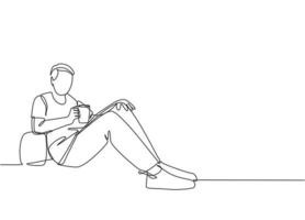 Eine durchgehende Strichzeichnung eines jungen glücklichen Geschäftsmannes ruht sich aus, indem er sich auf der Sofacouch hinlegt, während er eine Tasse Kaffee hält. Trinken oder Tee Konzept Single Line Draw Sign Design Vector Illustration