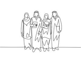 en kontinuerlig linjeteckning av unga glada muslimska arbetare som går tillsammans på kontorsbyggnad. islamiska kläder shemag, kandura, keffiyeh, hijab. enkel linje rita design vektor illustration