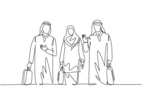 en kontinuerlig ritning av unga manliga och kvinnliga muslimska chefer gör en affärsresa med kollegor. islamiska kläder shemag, kandura, hijab, keffiyeh. enkel linje rita design vektor illustration
