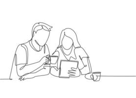enda kontinuerlig ritning av unga manliga och kvinnliga par som diskuterar hushållens månadsräkningar tillsammans. efter äktenskap liv koncept. en linje rita grafisk design illustration vektor