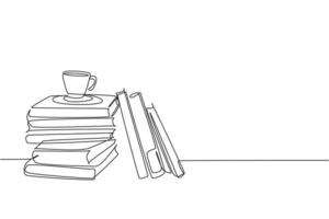 Eine durchgehende Strichzeichnung von Bücherstapeln und einer Tasse Kaffee auf dem Schreibtisch. Arbeitsplatztisch mit Bücherstapelkonzept. einzeilige designillustration vektor