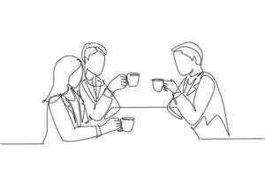 Eine durchgehende Strichzeichnung von jungen Unternehmern und Geschäftsfrauen, die ein Geschäftstreffen im Restaurant abhalten, während sie eine Tasse Kaffee halten. Business-Talk-Konzept. einzeilige designillustration vektor