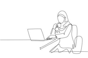 Eine durchgehende Strichzeichnung von jungen muslimischen Geschäftsfrauen, die Geschäftspräsentationen auf dem Laptop-Bildschirm lesen. saudi-arabische frau mit hijab und schleierkonzept. einzeilige designillustration vektor