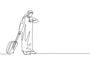Eine durchgehende Strichzeichnung eines jungen männlichen muslimischen Geschäftsmannes, der die Uhr anstarrt, während er den Reisekoffer hält. islamische Kleidung Shemag, Kandura, Schal, Keffiyeh. Einzeilige Zeichnungsdesign-Vektorillustration vektor