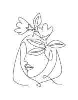 eine durchgehende Strichzeichnung, die ein minimalistisches Frauenporträt mit Blumen zeichnet. Schönheit Kontur abstraktes Gesicht Poster Wand Kunstdruck Design-Konzept. dynamische einzeilig zeichnende Design-Grafik-Vektor-Illustration vektor