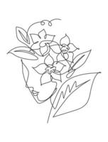 eine durchgehende Linie, die minimalistische Schönheitsnaturkosmetikfrisur zeichnet. Blumenstrauß im abstrakten Gesichtskonzept des Frauenkopfes. Wanddekor drucken. Einzeilige Kunst zeichnen Design-Grafik-Vektor-Illustration vektor