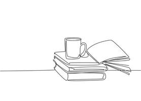 einzelne durchgehende Strichzeichnung von Bücherstapeln mit einer Tasse Kaffee oben auf dem Bibliothekstisch. Geschäfts- und Bildungskonzept. eine linie zeichnen grafikdesign-vektorillustration vektor