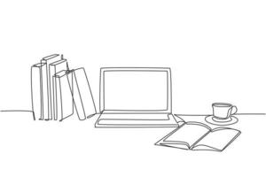Eine durchgehende Strichzeichnung eines Bücherstapels steht mit Computer-Laptop, Buch und einer Tasse Kaffee. Arbeitszimmer Schreibtisch Konzept. Einzeilige Zeichnungsdesign-Vektorillustration vektor