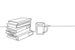einzelne durchgehende Strichzeichnung eines Bücherstapels mit einer Tasse heißen schwarzen Cappuccino-Kaffees in der öffentlichen Bibliothek. Buch des pädagogischen Konzepts. eine linie zeichnen design illustration vektor