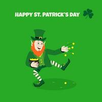 Lycklig st. Patricks dag hälsning kort med en gnome kasta mynt. vektor illustration